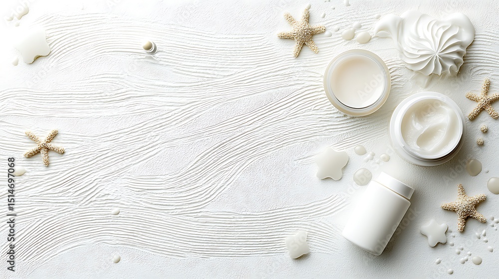 White Skincare Products Flatlay with Seashells and Marshmallows White Skincare Products Flatlay with Seashells and Marshmallows