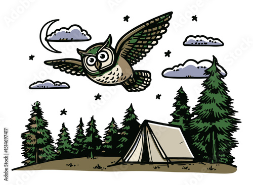 Whimsical Illustration of Owl Flying Over a Camping Scene in Nature