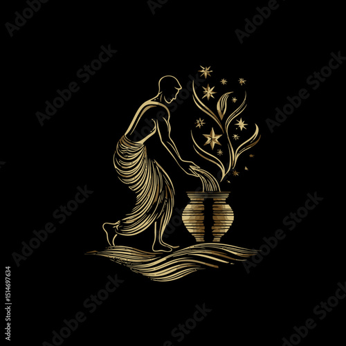 Elegant Human Figure with Pot and Flourishing Plant in Black Gold Design