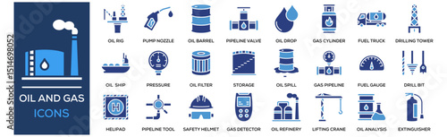 Oil and Gas icon collection set. Containing design Oil, Rig Platform, Gas Pump Nozzle, Oil Barrel, Pipeline Valve, Refinery Plant