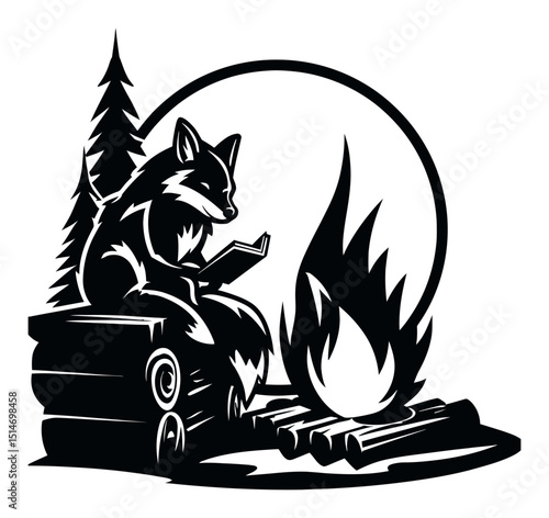 Cozy Fox Reading by Campfire Under Full Moon in Black and White Engraving Style