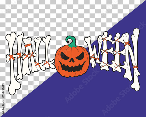 Halloween clipart illustration showing bone-made letters tied together forming “Halloween” with pumpkin centerpiece. Flat lowbrow style, transparent background, perfect for eerie seasonal designs