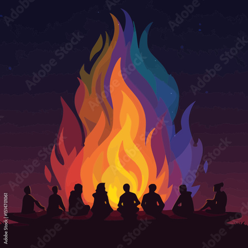 Campfire with flames in pride colors, diverse people seated around it
