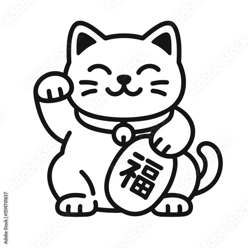 Fortune cat icon with raised paw and lucky charm in black outline  