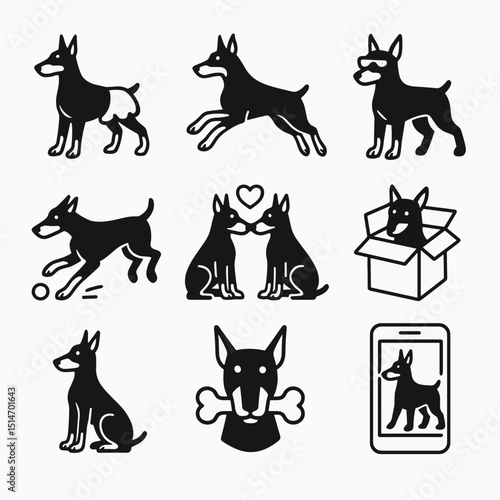 Vector icon set of Doberman pinscher dogs showcasing various actions  