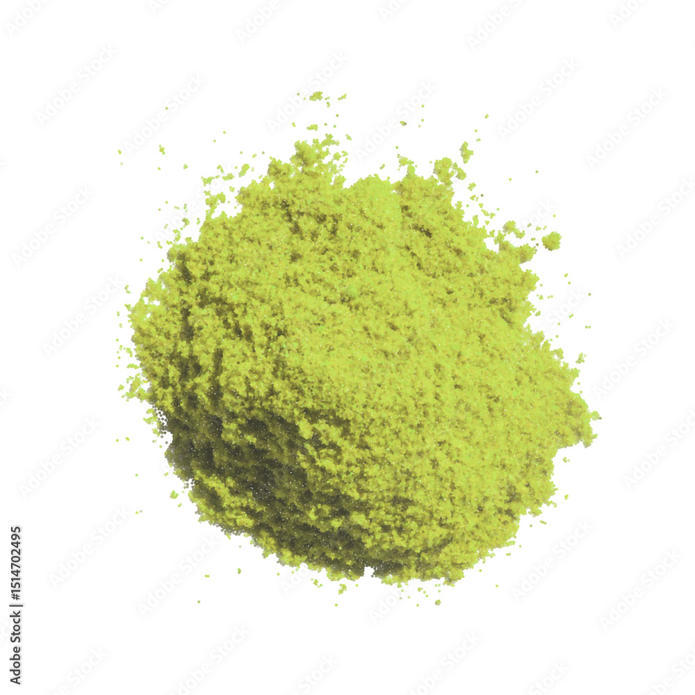 Obraz premium Matcha green tea powder on white background flatlay top view. Organic sencha herb heap shows healthy asian lifestyle drink. Ground chlorella splash creates natural zen food ingredient look.