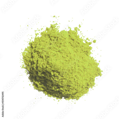 Matcha green tea powder on white background flatlay top view. Organic sencha herb heap shows healthy asian lifestyle drink. Ground chlorella splash creates natural zen food ingredient look.