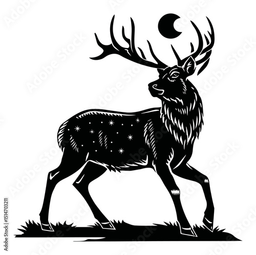 Detailed Black and White Illustration of a Majestic Deer with Antlers Under Moonlight