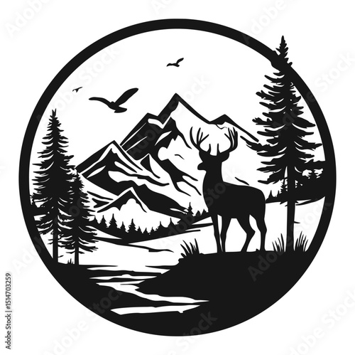 Black and White Illustration of a Deer Standing in a Scenic Mountain Landscape