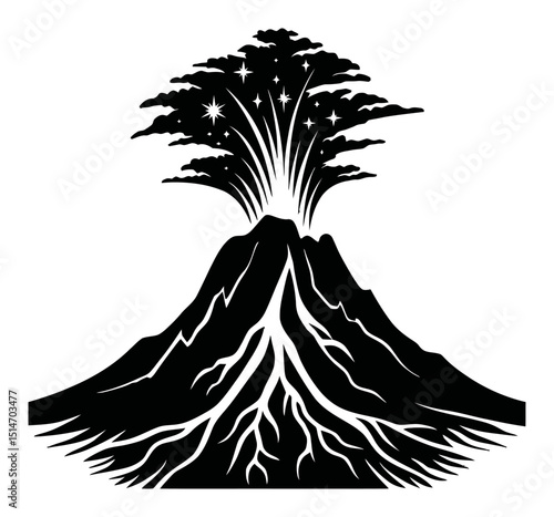 Black and White Engraving of Erupting Volcano with Trees and Stars Above