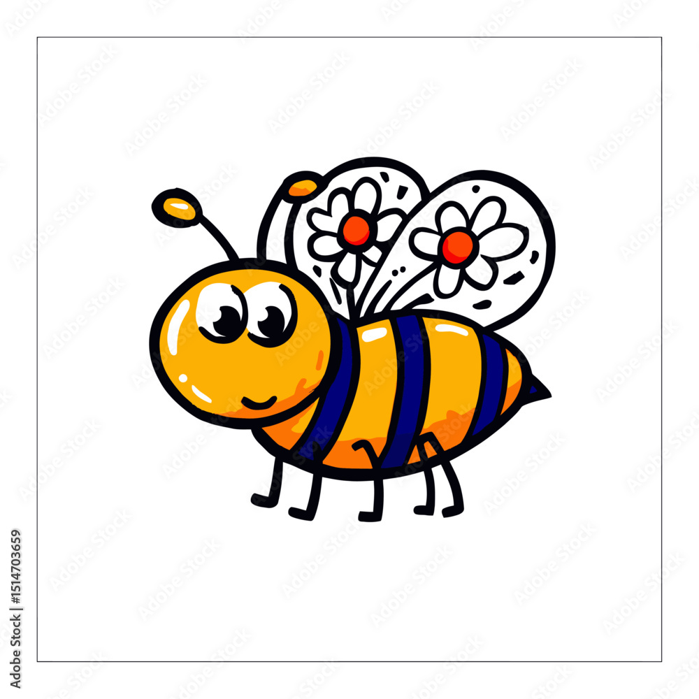 Fototapeta premium Cute Hand-Drawn Cartoon Bee with Flowers and Vibrant Colors for Art Projects