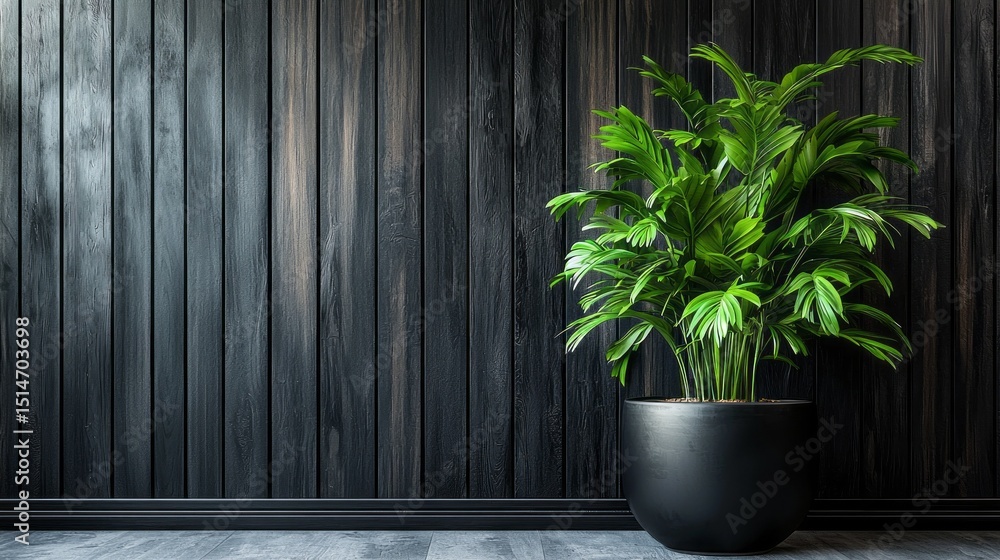 Fototapeta premium A sleek black wooden wall panel serves as a striking backdrop for a vibrant green plant in a minimalist setting, creating a balanced and stylish atmosphere
