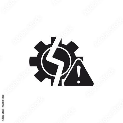 a fault warning sign featuring gears, lightning bolts, and an exclamation mark, indicating a problem with the engine or electrical system. This icon uses an editable glyp style eps file.