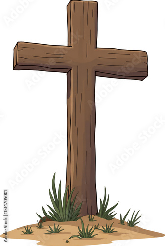 Illustration of Wooden Christian Cross on Grass