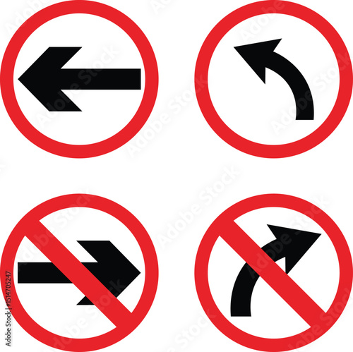 Road sign icon set.Direction of movement. Warning different road sign.Permitted directions of movement at intersections, junctions and other sections of the road.Warning sign, attention road sign.