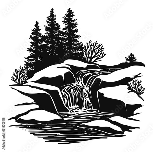 Black and White Engraved Illustration of a Waterfall Surrounded by Trees and Rocks