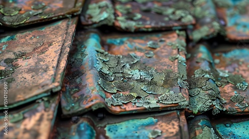  A close-up of a weathered copper roof with a patina of green 