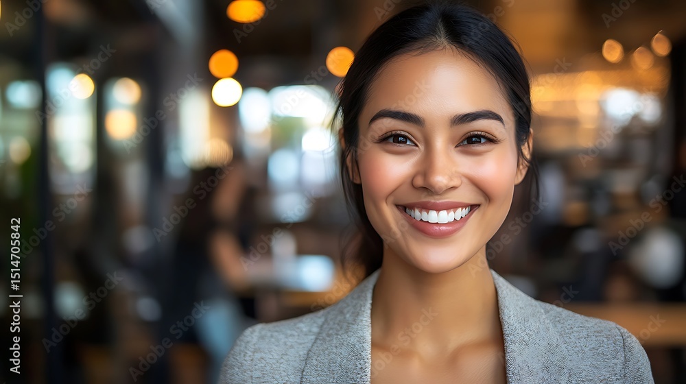 Smiling businesswoman in a cafe setting. Smiling businesswoman in a cafe setting.