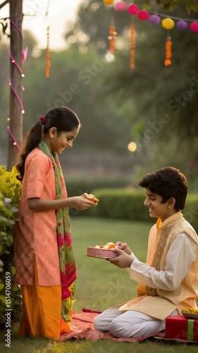Indian Siblings Celebrating Festive Moment with Gift Exchange in Garden