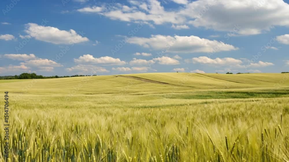 Hyperlapse of a young green wheat field light aquamarine sky, landscape rises falls breathing, clouds inhaling exhaling. Dreamlike atmosphere, surreal organic macro wide zoom transitions Hyperlapse of a young green wheat field light aquamarine sky, landscape rises falls breathing, clouds inhaling exhaling. Dreamlike atmosphere, surreal organic macro wide zoom transitions