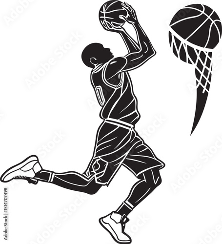  Black and White Basketball Silhouettes – Dynamic Slam Dunk and Motion Blur Sports Illustration