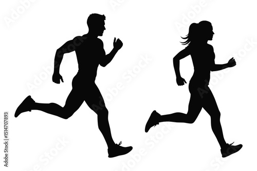 Silhouette of man and woman running side by side, symbolizing fitness, healthy lifestyle, exercise, marathon training, and active sports activity design