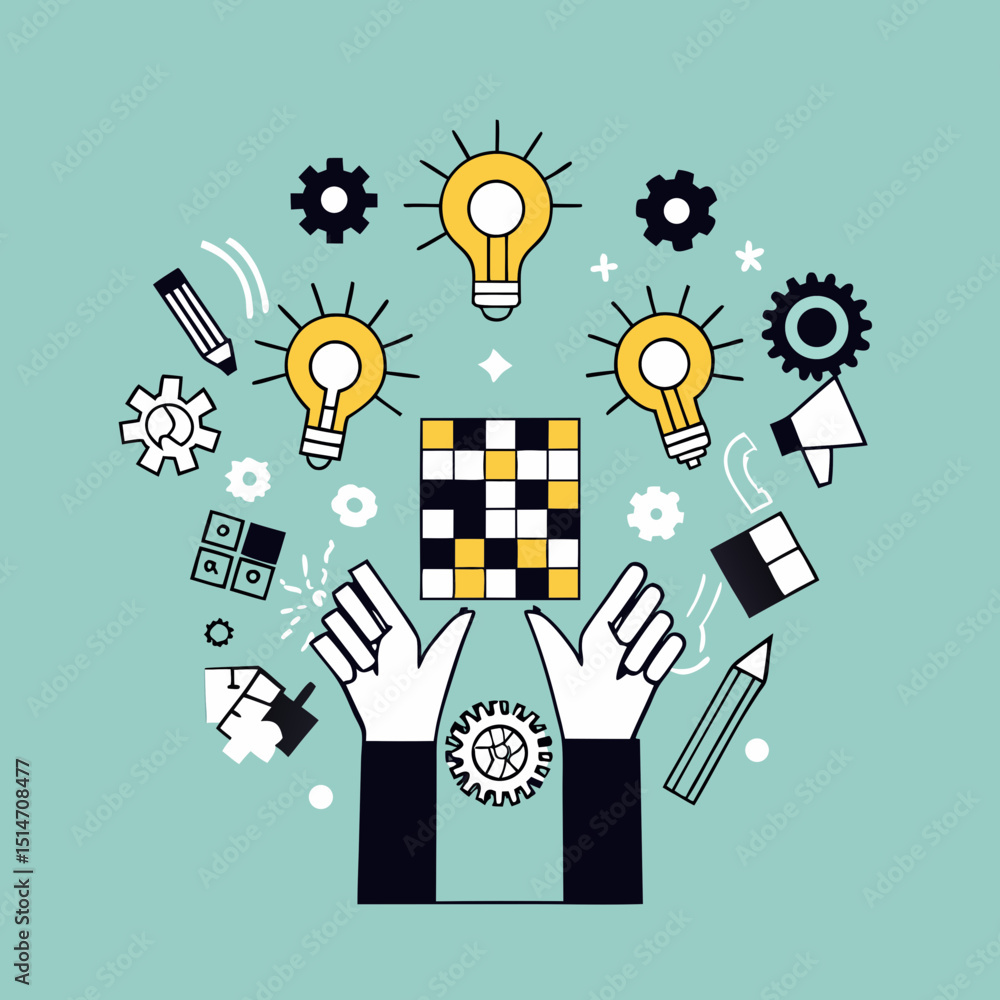 Creative problem solving concept with light bulbs, gears, hands and puzzle pieces Creative problem solving concept with light bulbs, gears, hands and puzzle pieces