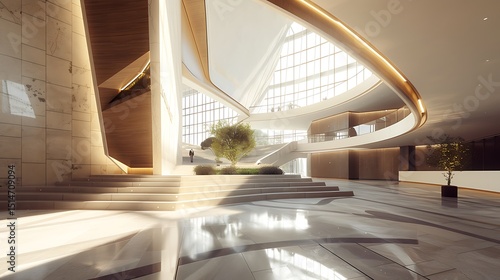  A modern performing arts center with a dramatic, asymmetrical design and a spacious lobby