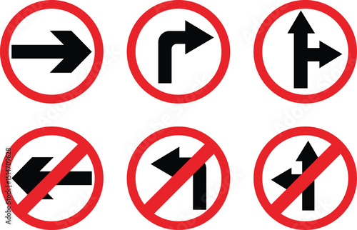 Road sign icon set.Direction of movement. Warning different road sign.Permitted directions of movement at intersections, junctions and other sections of the road.Warning sign, attention road sign.