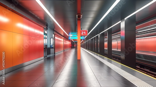  A modern subway station platform with clean lines and brightly colored signage
