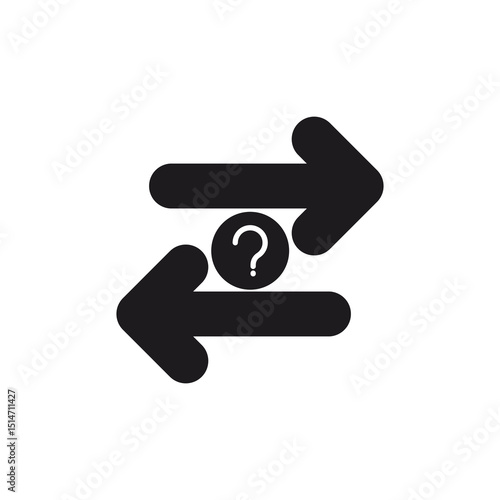 A visual representation of exchange, depicted by two opposing arrows meeting around a question mark, symbolizes uncertainty in trade and business scenarios. This icon uses a glyp style eps file.