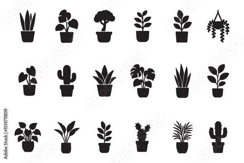 Houseplant glyph icon set, vector collection of potted indoor plants for home decor and botanical design