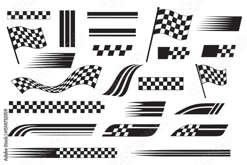 Vector set of racing flags, checkered patterns, and speed lines for motorsport design