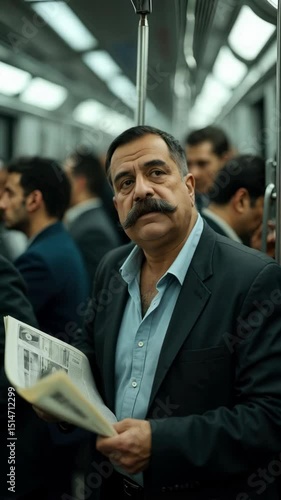 A Middle Eastern man with a mustache reads a newspaper on a crowded subway, surrounded by commuters in formal attire, reflecting urban life