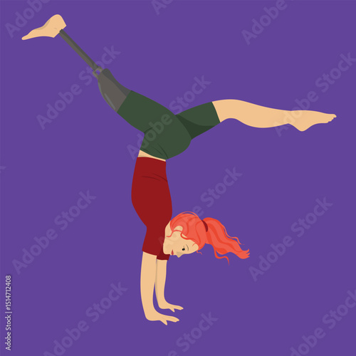 Diversity Yoga Handstand Pose Redhead Woman with Prosthetic Leg Chest Stretch


