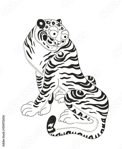 Minhwa tiger vector illustration. Style of Korean traditional graphic resource for poster, banner, and art work.