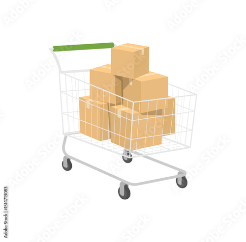 Cardboard closed box on shipping cart, shopping cart trolley with stack of shipping box vector isolated on white background flat style.