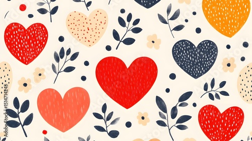 Seamless Pattern with Colorful Hearts and Floral Elements