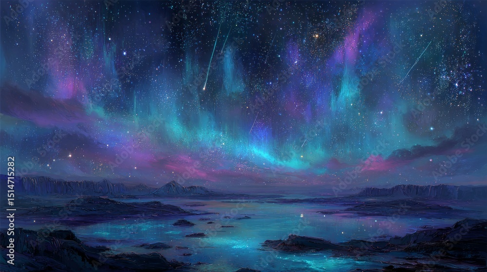 Naklejka premium Vibrant Aurora Borealis over a Tranquil Lake at Night