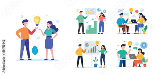 Illustration of two people sharing ideas. Teamwork and idea sharing concept. Flat style design