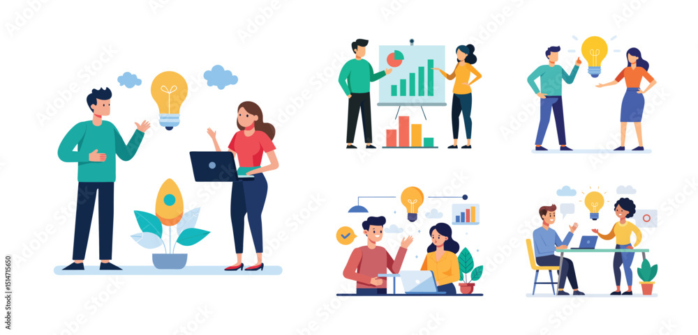 Illustration of two people sharing ideas. Teamwork and idea sharing concept. Flat style design Illustration of two people sharing ideas. Teamwork and idea sharing concept. Flat style design