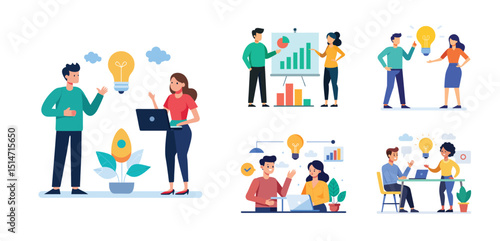 Illustration of two people sharing ideas. Teamwork and idea sharing concept. Flat style design