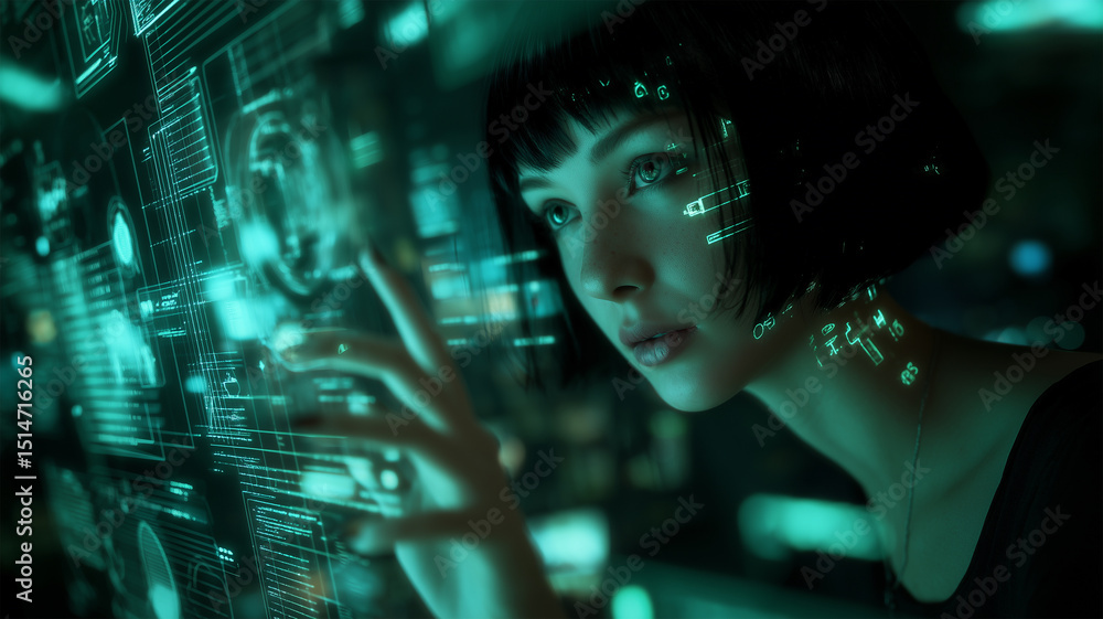 ホログラムと融合する女性ハッカー ホログラムと融合する女性ハッカー