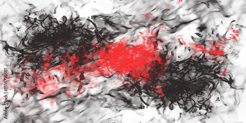 Abstract artistic expression featuring black red and gray swirling brushstrokes on white background