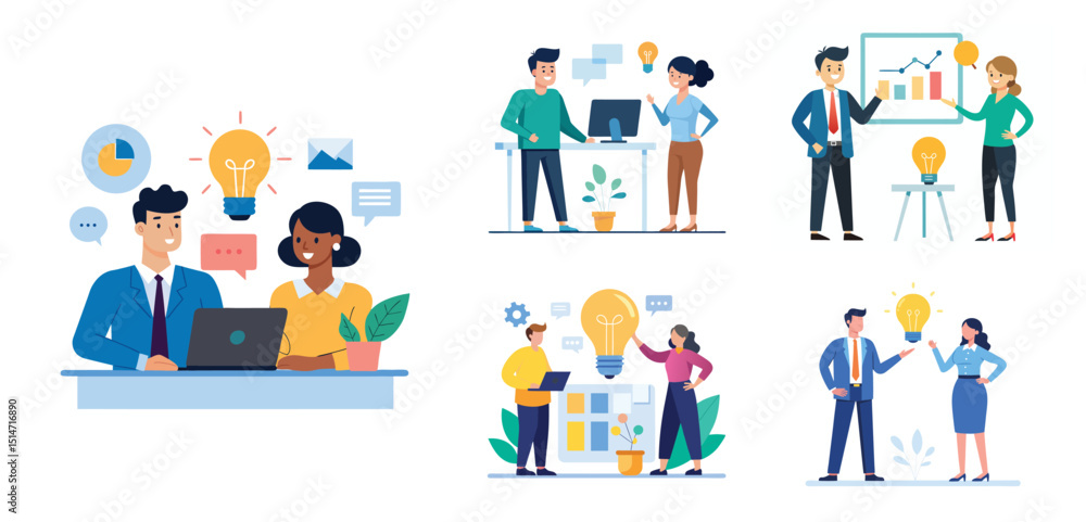 Illustration of two people sharing ideas. Teamwork and idea sharing concept. Flat style design Illustration of two people sharing ideas. Teamwork and idea sharing concept. Flat style design