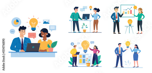 Illustration of two people sharing ideas. Teamwork and idea sharing concept. Flat style design