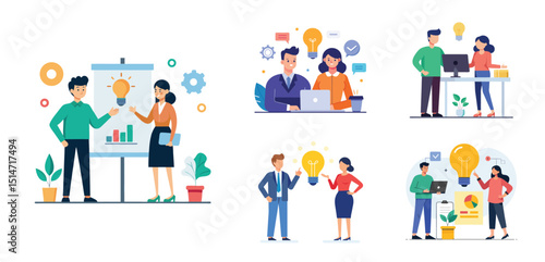 Illustration of two people sharing ideas. Teamwork and idea sharing concept. Flat style design