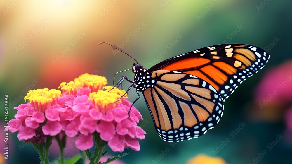 Fototapeta premium Monarch Butterfly on Lantana Flower in Sunlight