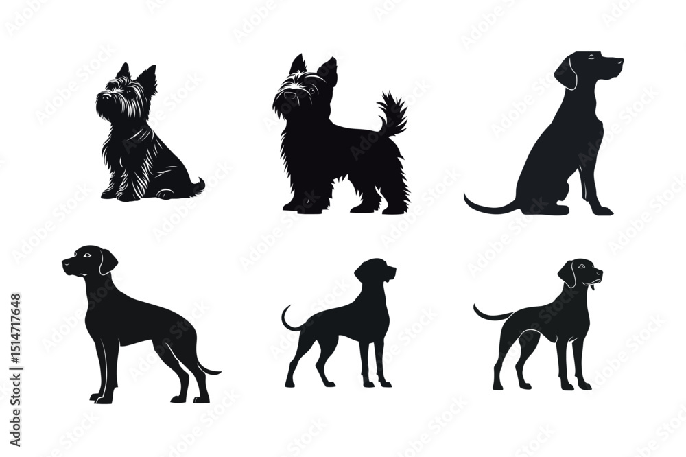 Six dog silhouettes yorkshire terrier and pointer Six dog silhouettes yorkshire terrier and pointer