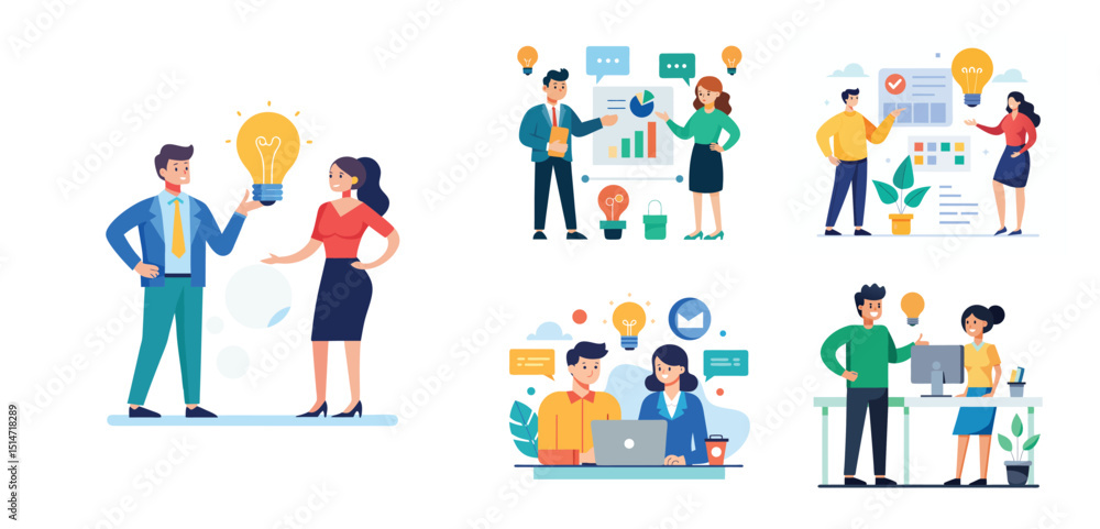 Illustration of two people sharing ideas. Teamwork and idea sharing concept. Flat style design Illustration of two people sharing ideas. Teamwork and idea sharing concept. Flat style design